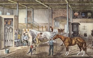 Modellstall, in dem Jungen und Stallburschen wirklich Pferde pflegen, Gravur aus dem Buch "Amerika" von Currier und Yves 1870