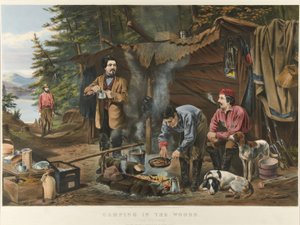 Camping im Wald „Eine gute Zeit kommt“ (Farblithographie)
