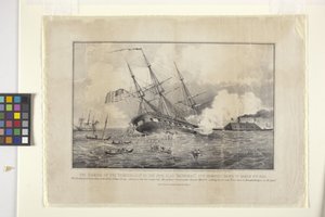 Versenkung der Cumberland durch das Panzerschiff "Merrimac" von N. and Ives J.M. (1824 95) Currier