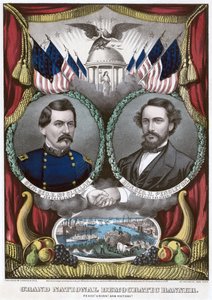 Großes nationales demokratisches Banner. Frieden! Union! und Sieg!, 1864 von N. and Ives, J.M. Currier