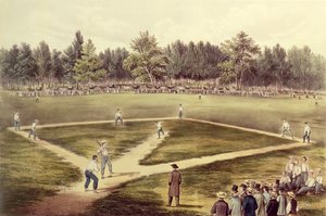 Das amerikanische Nationalspiel Baseball - Großes Spiel auf den Elysian Fields, Hoboken, NJ, 1866 von N. and Ives, J.M. Currier