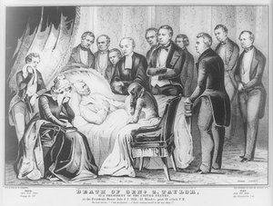 Zachary Taylor auf seinem Sterbebett im Weißen Haus, 1850 von N. and Ives, J.M. Currier