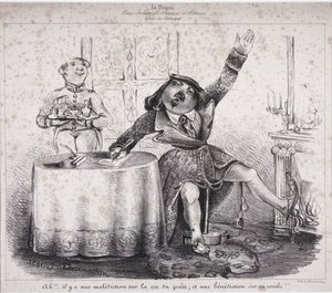 Ah!!! Es liegt ein Fluch auf dem Leben des Dichters und ein Fluch auf seinem Grab!!!. Eine der ersten Zeichnungen von Felix Tournachon erschien in „La Vogue, industrielle, künstlerische und literarische Zeitschrift“ von Nadar