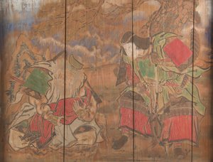Kaiserin Jingu, ihr Minister Takenochi no Sukune und ein Säugling, der zukünftige Kaiser Ojin von Nagano Yasunosuke