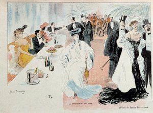 Im Nachtrestaurant. Pariser Bourgeoisie in Abendkleidung im Restaurant, Champagnerflaschen auf dem Tisch, ein Orchester spielt im Hintergrund. Zeichnung von Jehan Testevuide