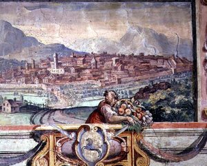 Schlafzimmer, Detail des Frieses, der Städte unter der Herrschaft der Medici darstellt, möglicherweise Volterra von Nanni di B. Bigio and Bartolomeo Ammannati