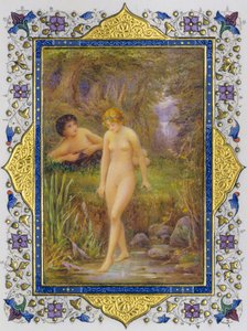 Illuminierte Seite aus einem Buch von Shakespeares Sonetten mit nackter Frau in pastoraler Fantasie