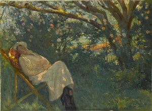 Dame in Rosa auf einer Chaiselongue