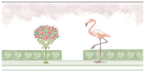 Flamingo und Rosenstrauch