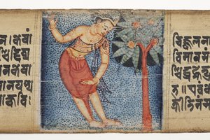Sudhana steht neben einem Baum, aus dem Gandavyuha
