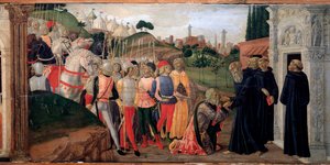 Totila, König der Ostgoten, besucht Benedikt von Nursia (Detail)