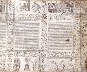 Illuminierte Handschrift in sephardischer Schrift, zeigt Szenen des niederländischen Lebens und der Bibel mit floralen Kartuschen, 17. Jahrhundert von Netherlandish School