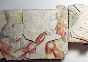 Das Treffen des Pharaos und Horus, Detail eines Frieses, der Ramses II (1298-32 v. Chr.) unter den Göttern darstellt, aus Abydos, ca. 1275 v. Chr. (bemalter Stein) von New Kingdom Egyptian