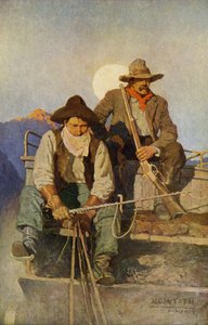Postkutschenfahrer und Wächter mit einer Armee, die die westlichen Regionen durchquert. Reproduktion eines Gemäldes von N.C. Wyeth. von Newell Convers Wyeth