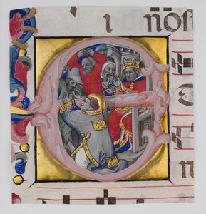 Manuskript-Illumination mit dem Martyrium des Heiligen Stephanus in einem Initial E
