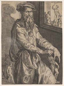 Porträt von Baccio Bandinelli, in Dreiviertellänge neben einer Fensterscheibe