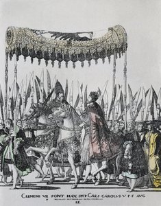 Nicolas Hogenberg (1500-1539). Die Krönung von Karl V. in Bologna. KARL V. (1500-1558). Heiliger Römischer Kaiser (1519-1556) und König von Spanien (1516-1556), als Karl I.; CLEMENT VII (1478-1534). Papst zwischen 1523 und 1534. Gravur