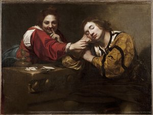 Wahrsageszene (Schläfer von einer jungen Frau geweckt), von Niccolo Renieri