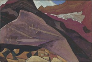 Drei Schwerter, Bilder auf Felsen, Lahul, 1936