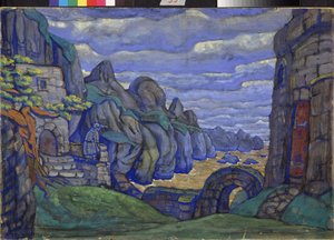 Dorf am Meer. Bühnenbildentwurf für die Oper "Tristan und Isolde" von Richard Wagner
