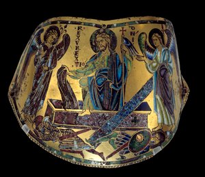 Armilla: Die Auferstehung. Zeremonienarmreif aus Meuse-Kupfer und Emaille. Werkstatt von Nicolas Verdun (ca. 1130/50-1205). Mittelalter, ca. 1170-1180. Paris, Musée du Louvre