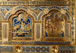 Verdun-Altar aus Gold und Emaille von Nicolas de Verdun (ca. 1130/50-1205): Szenen aus dem Alten und Neuen Testament: Detail, das die Toten zeigt, die am Tag des Jüngsten Gerichts aus ihren Gräbern kommen, und die Verdammten, die in den Flammen der Hölle b