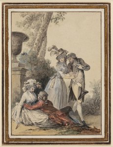 Zwei galante Paare in einem Garten, eines liegend, das andere stehend