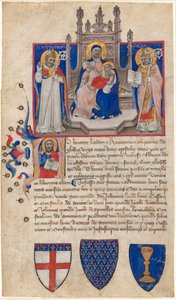 Madonna und Kind auf dem Thron zwischen den Heiligen Petronius und Alle (Eligius); Christus im Initial A von Nicolò da Bologna
