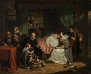 Prinz Wilhelm I. wird von seiner Frau Charlotte de Bourbon gepflegt nach dem misslungenen Attentat auf sein Leben durch Jean Jaurequi in Antwerpen 1582 von Nicolaas Pieneman