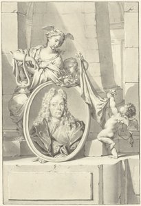 Putti und eine Frau bei einem Medaillon mit dem Porträt von Arnold Houbraken