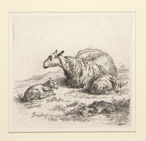 2 Radierungen aus dem Set der Schafe mit der Schäferin und den Schafen, die sogenannte Frau von Nicolaes Berchem