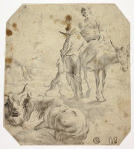 Frau und Kind auf Esel, Mann, Hunde, Pferde von Nicolaes Berchem