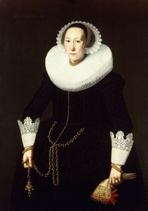 Porträt einer Dame, stehend in Dreiviertellänge, in einem aufwendigen schwarzen Kostüm, mit weißem Kragen und Spitzenmanschetten, eine Goldkette und ein Paar Handschuhe haltend, 1633