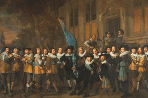 Offiziere und andere Bürgerwehrmänner des IV. Bezirks von Amsterdam, unter dem Kommando von Hauptmann Jan Claesz van Vlooswijck und Leutnant Gerrit Hudde von Nicolaes Eliasz Pickenoy