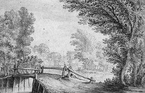 Landschaft mit einem Wagen, der eine Brücke überquert