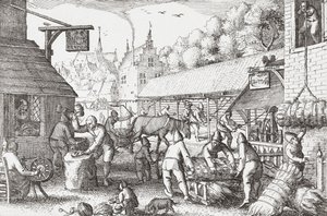 Niederländische Dorfbewohner des 17. Jahrhunderts beim Seilmachen