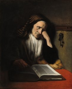 Eine alte Frau, die über einem Buch döst von Nicolaes Maes