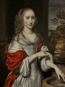 Porträt eines jungen Mädchens, stehend in der Nähe eines Brunnens von Nicolaes Maes