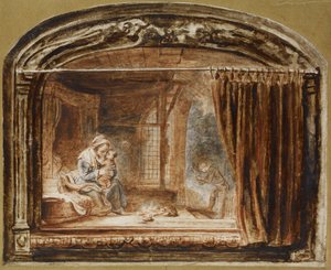 Die Heilige Familie mit Joseph, der Holz schneidet