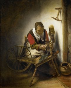Die Spinnerin, ein Niddy-noddy an der Wand hängend