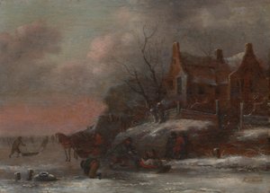 Winterlandschaft mit Figuren, die auf einem zugefrorenen Fluss rodeln