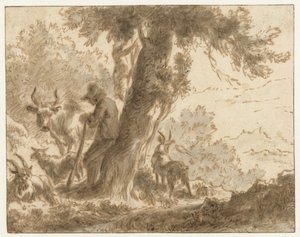 Hirte und sein Vieh bei einem Baum von Nicolaes Pietersz Berchem (possibly)