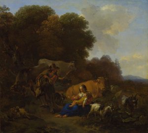 Ein Bauer spielt einer Frau und einem Kind Drehleier, 1658 von Nicolaes Pietersz. Berchem