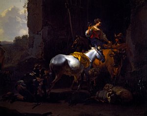 Eine italienische Landschaft mit Bauern vor einem Gasthaus von Nicolaes Pietersz. Berchem