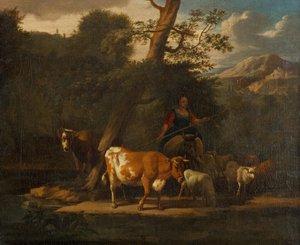 Hirtin mit Kühen unter einem Baum von Nicolaes Pietersz. Berchem