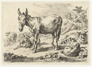 Landschaft mit Esel, Schafen, Ziege und Hirten