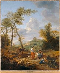 Landschaft mit Elkana und seinen zwei Ehefrauen Anna und Pennina von Nicolaes Pietersz. Berchem