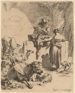 Der Hirte sitzt auf einem Brunnen und die Spinnerin von Nicolaes Pietersz Berchem