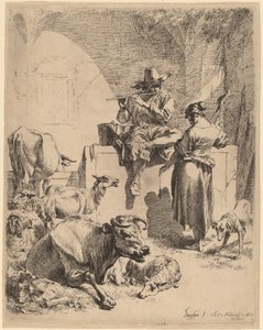 Der Hirte sitzt auf einem Brunnen und die Spinnerin von Nicolaes Pietersz Berchem