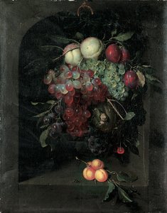 Girlande aus Trauben, Pfirsichen, Pflaumen und Kirschen mit einer Schnecke in einer Steinnische mit einem Bündel Aprikosen und einer Biene auf einem Sims, 1666 von Nicolaes Van Gelder